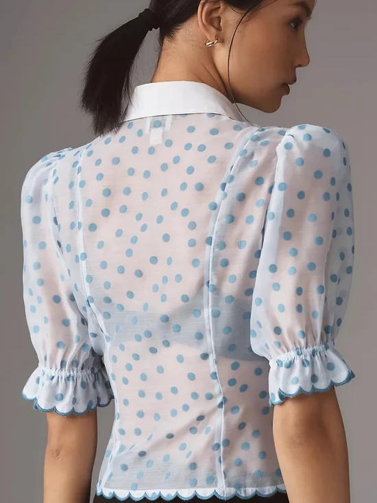MAEVE by Anthropologie Blue Puff Shoulder Collared Polka Dot Sheer Blouse - Picture 7 of 10